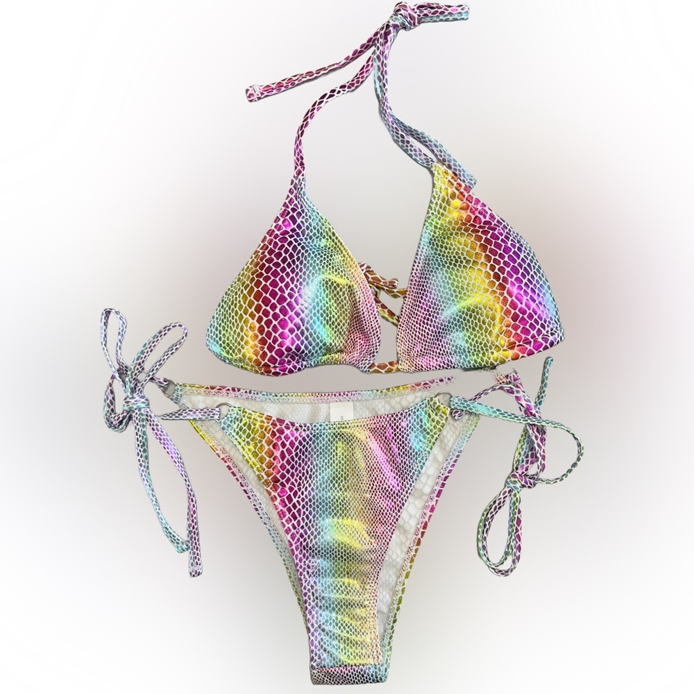 Holographic Snake Print Triangle Halter Cheeky Bikini Set - Picture 3 of 11